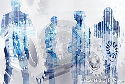 Business team with gears system. Teamwork, partnership and integration concept with network effect. double exposure Stock Photo