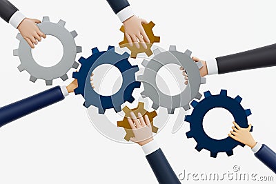 Business team hands connect and joining a piece of gear, partnership integration teamwork concept, 3D rendering Stock Photo