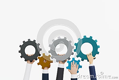 Business team hands connect and joining a piece of gear, partnership integration teamwork concept, 3D rendering Stock Photo