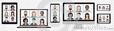 Business team hangout and have remote video meeting online on device screen Vector Illustration