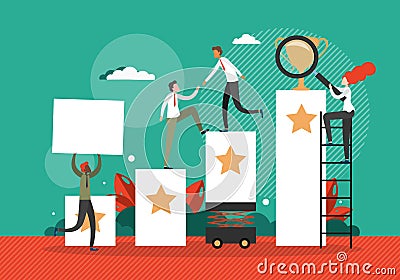 Business team help each other to climb up the stairs to the goal in the form of winner cup. Career progress and Vector Illustration