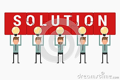 Business team hold and showing puzzle solution above light bulb idea. Vector Illustration