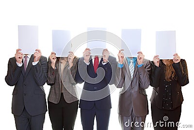 Business team holding blank papers. Stock Photo