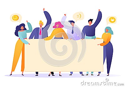 Business team holding in hands empty banners. Happy flat people characters with advertising, blank, billboards, presentation, anno Vector Illustration