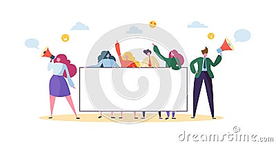 Business Team Holding Horizontal Empty Banner. Happy People with Blank Billboard. Teamwork Advertising Concept Vector Illustration