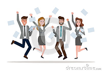 Business team jumping celebrating success. Victory and teamwork concept. Vector Illustration