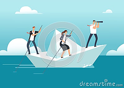 Business team with leader sailing on paper boat in ocean of opportunities to goal. Successful teamwork and leadership Vector Illustration