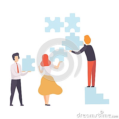 Business Team, Office Colleagues Connecting Puzzle Elements, People Working Together in Company, Teamwork, Cooperation Vector Illustration