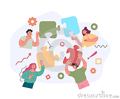 Business team office workers character building piece of puzzle together. Teamwork concept. Vector flat cartoon modern style graph Vector Illustration