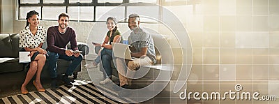 Business team, planning and banner in office for portrait, collaboration and diversity. Overlay, space and group of Stock Photo