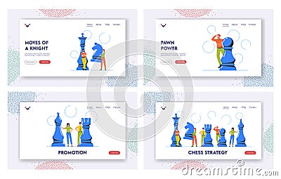 Business Team Playing Chess Landing Page Template Set. Characters Play Strategic Game for Leadership Growth Vector Illustration