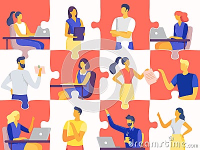 Business team puzzle. Professional people jigsaw, teamwork mosaic and office workers flat vector illustration Vector Illustration