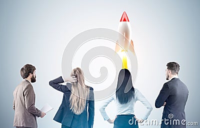 Business team and rocket launch, toned Stock Photo