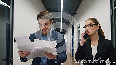 Business team sharing successful results. Happy business woman talking phone Stock Photo