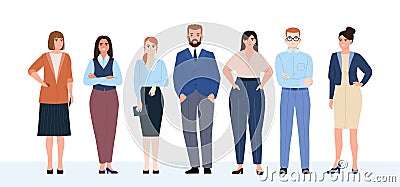 Business team, staff. Office workers in office clothes stand in a row. Friendly business team Vector Illustration