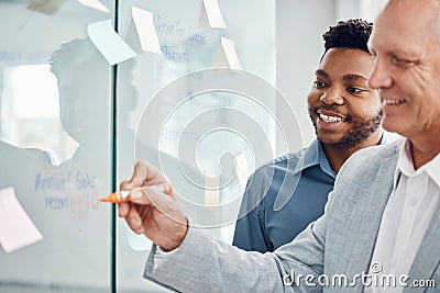 Business team strategy, collaboration and post it note planning of workers working on a job strategy. Corporate teamwork Stock Photo