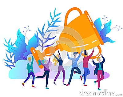 Business Team Success hold Golden winner cup, concept of people are happy with victory. Office Workers Celebrating with Vector Illustration