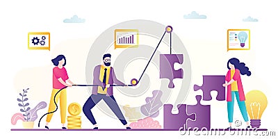 Business team use rope raise parts of puzzle. Creativity in business. Teamwork and brainstorming. Office people working together Vector Illustration