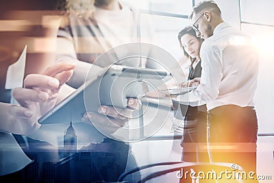 Business team work process.Double exposure photo professional crew working with new startup project.Investment managers Stock Photo