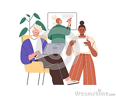 Business team work process. Teamwork, company workers concept. Colleagues doing different tasks for common project Cartoon Illustration