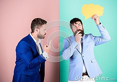 Business team work on solving problem. Share opinion speech bubble copy space. Businessmen thoughtful face thinking Stock Photo