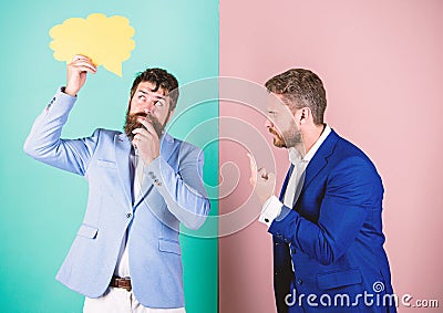 Business team work on solving problem. Share opinion speech bubble copy space. Businessmen thoughtful face thinking Stock Photo