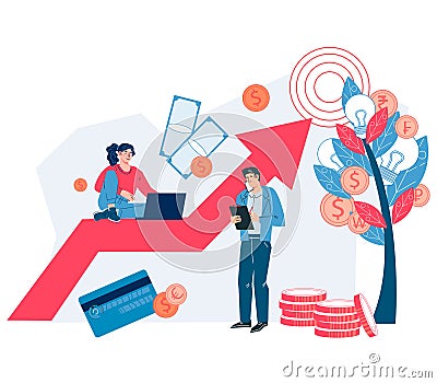 Business team work to increase revenue, raise capital and profit, vector isolated. Vector Illustration