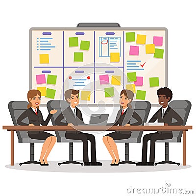 Business team working and make some planning on the scrum board Vector Illustration