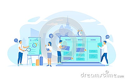 Business team working on projects. Project Management, Application Service for corporate managing, Team control, Manager work. Vec Vector Illustration