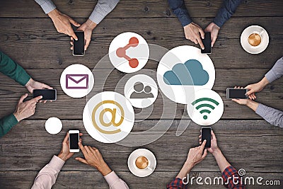 Business team working on smartphones. Social media internet network concept. Stock Photo