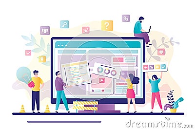 Business team working together on web page design. People building website interface on computer. Web development, teamwork Vector Illustration