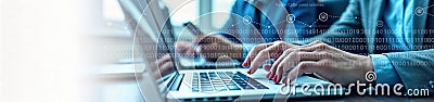 Business team works on laptops typing data. Hands on keyboards. Digital tech background. Global network connection. Cloud Stock Photo