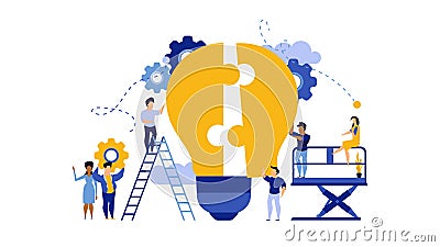 Business teamwork building lightbulb puzzle vector work illustration concept. Person businessman cooperation together jigsaw piece Vector Illustration