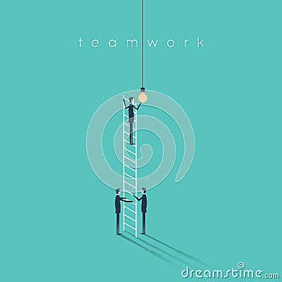Business teamwork concept with businessmen changing lightbulb. Success, creativity and cooperation vector symbol. Vector Illustration