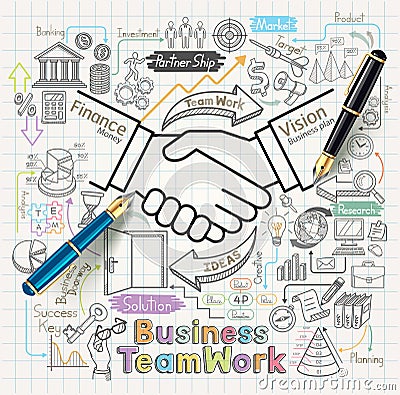 Business teamwork concept doodles icons set. Vector Illustration