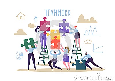 Business Teamwork Concept. Flat People Characters with Pieces of Puzzle. Partnership, Solution Cooperation Vector Illustration