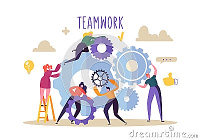 Business Teamwork Concept. Flat People Characters Running Gears Mechanism. Engineering Product Development Vector Illustration