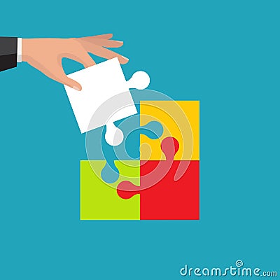 Business teamwork concept. Four businessman connecting puzzle. Vector Illustration