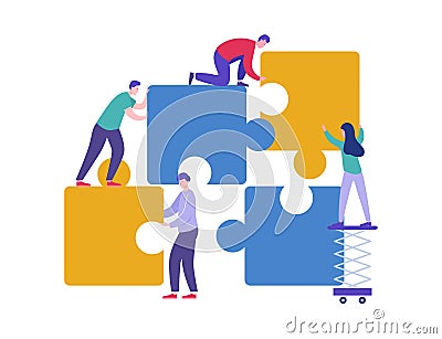 Business Teamwork Concept. Tiny Characters Connecting Puzzle Pieces. Creative Solutions, Collaboration and Partnership Vector Illustration