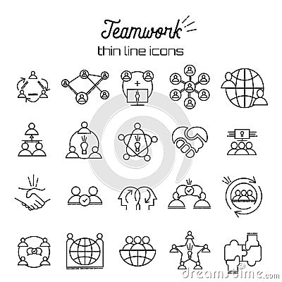 Business teamwork icon set in thin line style Team, partnership, organization structure line icons Vector Vector Illustration