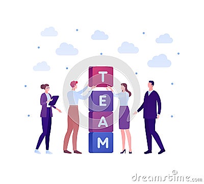 Business teamwork success concept. Vector flat person illustration. Group of male and female employee in suit building tower of Vector Illustration