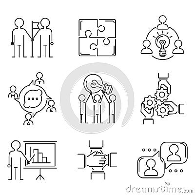 Business teamwork teambuilding thin line icons Vector Illustration