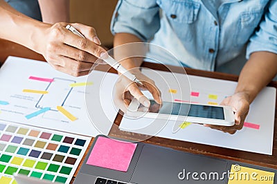 business technology concept, creative team designer choosing samples with UI/UX developing on sketch layout design mockup on Stock Photo