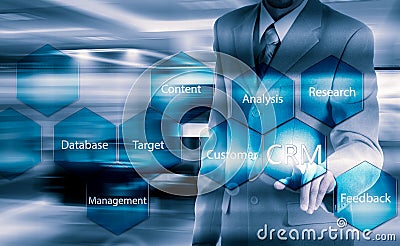 Business, technology, internet and customer relationship management concept. Businessman pressing crm button on virtual screens Stock Photo