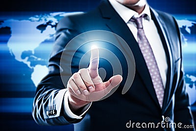 Business Technology Internet Network Concept. Businessman choose free empty space for text on world map background Stock Photo