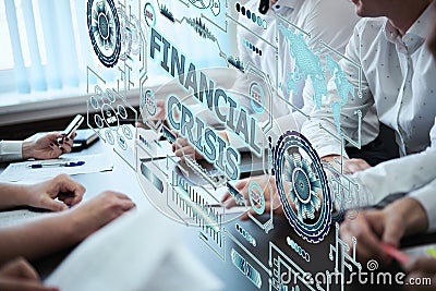 Business, technology, internet and network concept. A group of young people works with a hologram on the screen see the Stock Photo