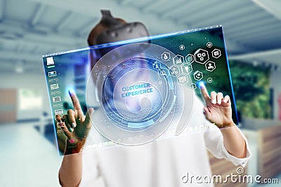 Business, Technology, Internet and network concept. Marketing content. Businessman presses a button Customer experience on the Stock Photo
