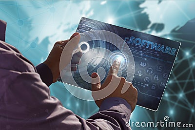 Business, Technology, Internet and network concept . Young business man working on the tablet of the future , select the virtual Stock Photo