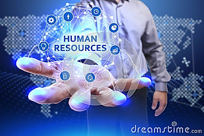 Business, Technology, Internet and network concept. Young businessman shows the word on the virtual display of the future: Human Stock Photo