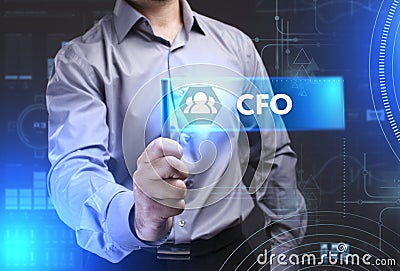 Business, Technology, Internet and network concept. Young businessman showing a word in a virtual tablet of the future: CFO Stock Photo